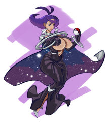 Rule 34 | 1girl, absurdres, alternate breast size, areola slip, breasts, breasts apart, cape, cleavage, clothing cutout, covered erect nipples, creatures (company), dark-skinned female, dark skin, dress, earrings, elbow gloves, eyebrows, female focus, flipped hair, full body, galaxy, game freak, gloves, gym leader, highres, jewelry, knees together feet apart, large breasts, lipstick, makeup, nintendo, olympia (pokemon), pokemon, pokemon xy, purple eyes, purple hair, revealing clothes, sagging breasts, short hair, solo, space, space print, star (sky), star (symbol), star earrings, starry sky cape, starry sky print, thick eyebrows, underboob, underboob cutout, yuzhou