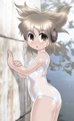 Rule 34 | 1girl, ass, brown eyes, brown hair, chestnut mouth, cowboy shot, earmuffs, looking at viewer, one-piece swimsuit, open mouth, pointy hair, school swimsuit, solo, standing, swimsuit, touhou, toyosatomimi no miko, wall, white school swimsuit, white one-piece swimsuit, winn