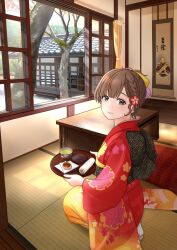 Rule 34 | 1girl, asahi (kancolle), black eyes, braid, brown hair, closed mouth, commentary request, curtains, day, floral print, flower, food, hair flower, hair ornament, hair ribbon, highres, hitakikan, holding, holding tray, indoors, japanese clothes, kantai collection, kimono, long sleeves, looking at viewer, mole, mole under mouth, obi, red flower, red kimono, ribbon, sash, side braid, sitting, solo, table, tatami, tray, tree, wide sleeves