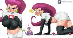 Rule 34 | !, !!, 1girl, all fours, ass, black gloves, black legwear, blue eyes, blush, breasts, creatures (company), crop top, earrings, echo saber, ekans, elbow gloves, game freak, gen 1 pokemon, gloves, heart, highres, impossible clothes, jessie (pokemon), jewelry, large breasts, lipstick, long hair, looking at viewer, makeup, midriff, multiple views, nintendo, nose blush, poke ball, poke ball (basic), pokemon, pokemon (anime), pokemon (creature), shirt, simple background, skindentation, skirt, snake, surprised, tail, tail wagging, very long hair, white background, white shirt, white skirt