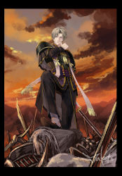 Rule 34 | 1boy, artist name, black border, black footwear, black pants, border, brown hair, closed mouth, cloud, collar, corpse, finger to cheek, full body, gloves, heshikiri hasebe, highres, holding, holding sword, holding weapon, japanese clothes, katana, long sleeves, looking at viewer, looking down, makoto kohuku, male focus, outdoors, pants, parted bangs, shoes, short hair, sky, solo, standing, sunset, sword, touken ranbu, weapon, white gloves