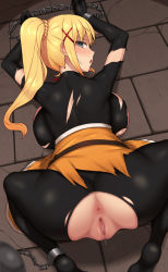 Rule 34 | 1girl, all fours, anus, ass, backboob, ball and chain restraint, black gloves, blonde hair, blue eyes, bodysuit, bound, bound wrists, braid, breasts, censored, chain, darkness (konosuba), female focus, floor, gloves, hair between eyes, imminent penetration, kono subarashii sekai ni shukufuku wo!, large breasts, long hair, looking at viewer, looking back, mosaic censoring, nt00, open mouth, ponytail, pov, pussy, restrained, skin tight, solo, stone, torn clothes