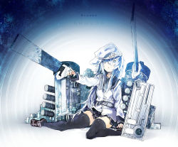Rule 34 | 10s, 1girl, bad id, bad pixiv id, belt, black thighhighs, blue eyes, coat, hammer and sickle, hat, hibiki (kancolle), hiro j, kantai collection, long hair, machinery, silver hair, solo, thighhighs, verniy (kancolle), zettai ryouiki