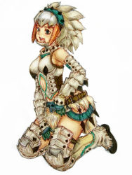 Rule 34 | 1girl, armor, armored boots, barioth (armor), boots, buckle, capcom, detached sleeves, full body, headwear request, kneeling, looking at viewer, midriff, monster hunter, monster hunter (series), monster hunter 3, purin, sidelocks, simple background, solo, thigh boots, thigh strap, thighhighs, white background, white hair