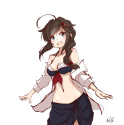 Rule 34 | 1girl, :d, bare shoulders, bikini, bikini top only, blue eyes, braid, breasts, brown hair, clothes down, hair flaps, hair ornament, hair ribbon, highres, kantai collection, navel, neve (morris-minicooper), open clothes, open mouth, open shirt, ribbon, shigure (kancolle), simple background, smile, swimsuit, tied skirt, white background