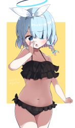 Rule 34 | 1girl, arona (blue archive), bikini, black bikini, blue archive, blue eyes, blue hair, bow, braid, frilled bikini, frills, hair bow, hair over one eye, halo, hand to own mouth, highres, navel, open mouth, ribbon, ryannari, short hair, simple background, solo, swimsuit, thighs, yellow background