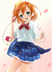 Rule 34 | 10s, 1girl, :d, bag, blazer, blue eyes, bow, bowtie, clothes around waist, coin purse, collared shirt, cowboy shot, digital media player, earphones, hair bow, jacket, jacket around waist, kosaka honoka, looking at viewer, love live!, love live! school idol project, niu, one side up, open mouth, orange hair, petals, school bag, school uniform, shirt, short hair, side ponytail, simple background, skirt, sleeves rolled up, smile, solo, standing, striped bow, striped bowtie, striped clothes, striped neckwear, white background, white shirt, yellow bow
