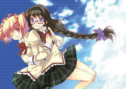 Rule 34 | 10s, 2girls, :d, akemi homura, back-to-back, black hair, blush, body blush, bow, braid, cloud, day, dress, embarrassed, frilled dress, frills, glasses, hair bow, hair ornament, hair ribbon, hand on own chest, hand over heart, happy, kaname madoka, legs, locked arms, long hair, mahou shoujo madoka magica, mahou shoujo madoka magica (anime), multiple girls, one eye closed, open mouth, outdoors, pink eyes, pink hair, plaid, plaid skirt, pleated skirt, puffy sleeves, purple eyes, red-framed eyewear, ribbon, scanlines, school uniform, short hair, short twintails, shy, single braid, skirt, sky, smile, spoilers, tama two (fukuya), thighs, twintails, wink, yuri