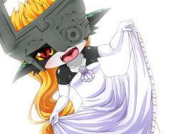 Rule 34 | amau (kosmos), blush, colored sclera, dress, elbow gloves, gloves, looking at viewer, midna, nintendo, orange hair, pointy ears, red eyes, the legend of zelda, the legend of zelda: twilight princess, wedding dress, yellow sclera