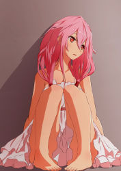 Rule 34 | 10s, 1girl, bad id, bad pixiv id, bare shoulders, barefoot, dress, feet, guilty crown, highres, knees up, long hair, parted lips, pink hair, re:re:re:, red eyes, sitting, sleeveless, sleeveless dress, solo, white dress, yuzuriha inori