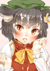 Rule 34 | 1girl, animal ears, black hair, bow, brown eyes, cat ears, chen, cum, cum in mouth, cum on clothes, cum on hair, dress, earrings, facial, fang, hat, jewelry, long sleeves, looking at viewer, mob cap, nishiuri, open mouth, red dress, shirt, single earring, skin fang, slit pupils, solo, tongue, tongue out, touhou, upper body