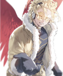 Rule 34 | 1boy, alternate costume, beard, blonde hair, blurry, blurry background, boku no hero academia, coat, deavor lover, facial hair, feathered wings, feathers, fur trim, gloves, hawks (boku no hero academia), highres, looking at viewer, male focus, pov, shirt, smile, solo, upper body, wings, yellow eyes