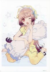 Rule 34 | 1girl, absurdres, ahoge, atelier (series), atelier lydie &amp; suelle, bed, blush, bow, dakimakura (object), hat, highres, hugging object, long hair, looking at viewer, nightcap, noco (adamas), official art, one eye closed, open mouth, pajamas, pillow, pillow hug, ribbon, scan, sitting, solo, suelle marlen, yawning