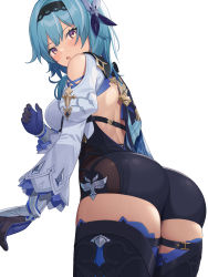 Rule 34 | 1girl, absurdres, aqua hair, artist request, ass, bare shoulders, black thighhighs, blush, breasts, commission, eula (genshin impact), from behind, genshin impact, gloves, hairband, highres, large breasts, long hair, looking at viewer, open mouth, pixiv commission, shiny clothes, shiny skin, short shorts, shorts, sideboob, simple background, solo, thighhighs, thighs, unitard, white background, yellow eyes