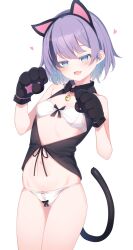 1girl animal_ears animal_hands bell black_hair blue_eyes blush breasts cat_ears cat_tail fake_animal_ears fang gloves highres kinukawa_chinatsu looking_at_viewer multicolored_hair neck_bell open_mouth original otokuyou panties paw_gloves purple_hair short_hair skin_fang small_breasts solo streaked_hair tail two-tone_hair underwear white_background white_panties