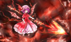 Rule 34 | 1girl, :o, acryl, bat wings, dress, hat, hat ribbon, highres, layered dress, levitation, lightning, looking at viewer, mob cap, puffy short sleeves, puffy sleeves, purple hair, red background, red dress, red eyes, remilia scarlet, ribbon, short hair, short sleeves, solo, spear the gungnir, touhou, wings