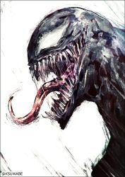 Rule 34 | 1boy, black border, border, commentary request, from side, k-suwabe, male focus, marvel, portrait, profile, sharp teeth, simple background, solo, spider-man (series), teeth, tongue, tongue out, twitter username, venom (marvel), white background