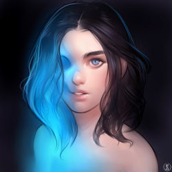 Rule 34 | 1girl, black hair, blue eyes, blue skin, colored skin, eye socket, forehead, glowing, highres, lichy (nat the lich), lips, medium hair, nat the lich, nose, nude, original, portrait, solo, source request, teeth, thick eyebrows, transformation, upper teeth only