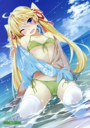 Rule 34 | 1girl, absurdres, ahoge, bare shoulders, beach, bikini, blonde hair, blue eyes, blue sky, blush, breasts, cameltoe, cleavage, clothes lift, cloud, collarbone, day, front-tie top, green bikini, hair ribbon, highres, jacket, lifting own clothes, long hair, looking at viewer, melonbooks, mtu (orewamuzituda), navel, ocean, off shoulder, one eye closed, open clothes, open jacket, open mouth, original, outdoors, partially submerged, cameltoe, ribbon, sand, sarong, sarong lift, see-through, side-tie bikini bottom, sitting, sky, small breasts, smile, solo, swimsuit, thighhighs, twintails, very long hair, wariza, water, wet, wet clothes, white thighhighs