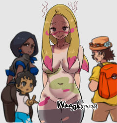 Rule 34 | 2boys, 2girls, :o, blonde hair, blurry, blurry background, bodypaint, breasts, bright pupils, closed mouth, commentary, creatures (company), dark-skinned female, dark skin, exhibitionism, eyelashes, game freak, gigobyte350, grey eyes, long hair, looking back, mina (pokemon), multicolored hair, multiple boys, multiple girls, navel, nintendo, nude, paint on body, paint splatter, paint splatter on face, painted clothes, parted lips, pink hair, pointing, pokemon, pokemon sm, public indecency, sightseer (pokemon), smile, two-tone hair, veteran (pokemon), youngster (pokemon)