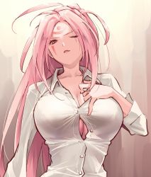 Rule 34 | 1girl, amputee, baiken, blouse, breasts, bursting breasts, buttons, cleavage, collared shirt, dress shirt, facial tattoo, guilty gear, guilty gear xrd, hand on own chest, highres, jako (toyprn), katana, large breasts, long sleeves, looking down, one-eyed, open clothes, open mouth, open shirt, partially unbuttoned, pink hair, popped button, samurai, scar, scar across eye, scar on face, shirt, solo, sword, tattoo, tight clothes, tight shirt, unbuttoned, unbuttoned shirt, weapon, white shirt