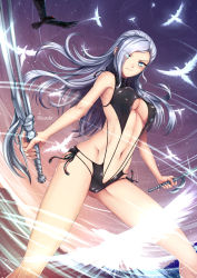 Rule 34 | 1girl, adsouto, bird, blue eyes, blush, breasts, crow, dual wielding, eyes visible through hair, hair over one eye, highres, holding, large breasts, long hair, looking at viewer, rwby, swimsuit, sword, weapon, white hair