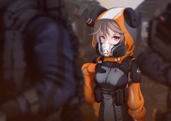 Rule 34 | 1girl, 4others, alternate costume, arknights, bad id, bad pixiv id, baobao, black gloves, brown hair, buckle, eyjafjalla (arknights), gas mask, gloves, hand on own chest, harness, highres, hood, hood up, horns, huge filesize, looking at viewer, mask, multiple others, pink eyes, pouch, rainbow six siege, snap-fit buckle, tactical clothes