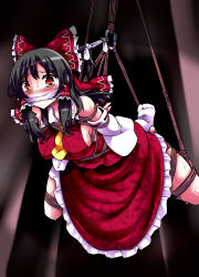 Rule 34 | 1girl, ankle socks, arms behind back, bdsm, black hair, blush, bondage, bound, bow, breasts, brown eyes, detached sleeves, gagged, hair bow, hair tubes, hakurei reimu, highres, japanese clothes, large breasts, lilish, long hair, miko, rope, socks, solo, suspension, sweat, tears, touhou