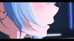 Rule 34 | 1girl, blue hair, blush, commentary, diootaro, earrings, from side, head out of frame, highres, hololive, hoshimachi suisei, hoshimachi suisei (shout in crisis), jewelry, letterboxed, official alternate costume, parted lips, profile, sidelocks, solo, virtual youtuber