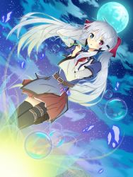 Rule 34 | 1girl, arm behind head, asymmetrical legwear, bad id, bad pixiv id, belt, black thighhighs, blue eyes, bubble, blowing bubbles, bubble pipe, cloud, cloudy sky, dutch angle, full moon, gem, grey hair, hair ribbon, hand up, heterochromia, highres, holding, iumi urura, layered sleeves, long hair, long sleeves, looking at viewer, miniskirt, moon, night, night sky, original, outdoors, parted lips, purple eyes, ribbon, short over long sleeves, short sleeves, skirt, sky, solo, star (sky), starry sky, thigh strap, thighhighs, twintails, uneven legwear, wind