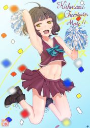 Rule 34 | 1girl, absurdres, adapted costume, ahoge, armpits, bad id, bad pixiv id, black footwear, blunt bangs, brown eyes, brown hair, brown skirt, cheerleader, commentary request, crop top, crop top overhang, full body, highres, huge filesize, jumping, kantai collection, kishinami (kancolle), looking at viewer, midriff, open mouth, pleated skirt, pom pom (cheerleading), short hair, skirt, smile, solo, wavy hair, yunoji yusuke