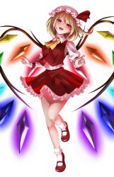 Rule 34 | 1girl, absurdres, ascot, blonde hair, bobby socks, collared shirt, commentary request, crystal, flandre scarlet, frilled shirt collar, frilled skirt, frilled sleeves, frills, full body, glowing, glowing wings, hat, hat ribbon, highres, looking at viewer, mary janes, medium hair, mob cap, moon, multicolored wings, onikoroshi, open mouth, puffy short sleeves, puffy sleeves, red eyes, red footwear, red moon, red ribbon, red skirt, red vest, ribbon, shirt, shoes, short sleeves, simple background, skirt, socks, solo, teeth, touhou, upper teeth only, vest, white background, white hat, white shirt, white socks, wings, wrist cuffs, yellow ascot