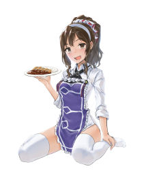 Rule 34 | 10s, 1girl, absurdres, alternate costume, alternate hairstyle, apron, ashigara (kancolle), bottomless, brown eyes, brown hair, fang, frilled apron, frills, full body, hair up, hairband, highres, kangoku kou, kantai collection, katsudon (food), long hair, long sleeves, looking at viewer, no shoes, open mouth, plate, ponytail, shirt, simple background, sitting, sleeves rolled up, solo, thighhighs, wariza, white background, white shirt, white thighhighs