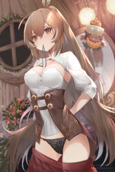 Rule 34 | 1girl, ahoge, arms behind back, artist name, backlighting, black panties, blush, breasts, brown eyes, brown hair, cleavage, clothes pull, corset, cowboy shot, floating, friend (nanashi mumei), gluteal fold, hair between eyes, hair ornament, hairclip, halloween, halloween bucket, high ponytail, hololive, hololive english, indoors, lace, lace panties, long hair, long sleeves, looking at viewer, medium breasts, mirror, mouth hold, mujinbensin, nanashi mumei, panties, ponytail, pumpkin, red skirt, reflection, revision, shrug (clothing), skirt, skirt pull, smile, solo focus, strapless, underbust, underwear, very long hair, virtual youtuber, window