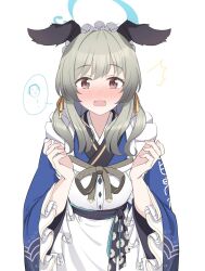 Rule 34 | 1girl, animal ears, apron, blue archive, blue kimono, blush, brown eyes, cowboy shot, dog ears, dog girl, doodle sensei (blue archive), grey hair, hair ribbon, halo, hands up, hoshino ouka, japanese clothes, kimono, long bangs, long hair, long sleeves, looking at viewer, maid, nose blush, open mouth, orange ribbon, print kimono, ribbon, seigaiha, sensei (blue archive), sidelocks, simple background, solo, spoken character, straight-on, umika (blue archive), wa maid, white apron, white background, wide sleeves