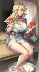 Rule 34 | 1girl, barefoot, blonde hair, blue eyes, blush, breasts, cleavage, collarbone, food, fruit, hair between eyes, highres, holding, holding food, holding fruit, iowa (kancolle), japanese clothes, kantai collection, kimono, kokuzou, large breasts, long hair, long sleeves, mosquito coil, obi, open mouth, sash, sitting, smile, soaking feet, solo, star-shaped pupils, star (symbol), symbol-shaped pupils, veranda, water, watermelon, wide sleeves