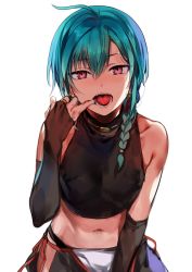 Rule 34 | 1girl, 1other, ahoge, androgynous, bare hips, bare shoulders, blush, braid, chinese clothes, female focus, finger in own mouth, green hair, highres, konbu wakame, looking at viewer, midriff, mouth pull, navel, nijisanji, open mouth, purple eyes, ryuushen, short hair, side braids, simple background, solo, teeth, tongue, virtual youtuber, white background
