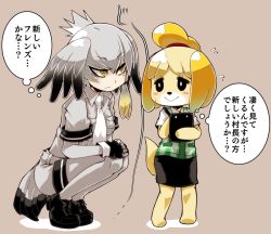 Rule 34 | 10s, 2girls, :&gt;, :/, animal crossing, animal ears, ayame hashinimasen, bare arms, bird tail, bird wings, black eyes, black footwear, black gloves, black hair, black skirt, blonde hair, blush stickers, bodystocking, breast pocket, bright pupils, clipboard, closed mouth, collared shirt, commentary request, crossover, dog ears, dog girl, dog tail, eye contact, fingerless gloves, flying sweatdrops, full body, furry, furry female, gloves, grey hair, grey shirt, grey shorts, hair between eyes, hands on own knees, head wings, height difference, holding, isabelle (animal crossing), kemono friends, layered sleeves, long hair, long sleeves, looking at another, low ponytail, multicolored hair, multiple girls, necktie, nintendo, orange hair, pencil skirt, pocket, shirt, shoebill (kemono friends), shoes, short hair, short over long sleeves, short sleeves, shorts, side ponytail, skirt, smile, squatting, standing, staring, tail, thought bubble, topknot, translation request, tsurime, two-tone hair, vest, white neckwear, white pupils, wings, yellow eyes