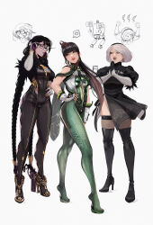 Rule 34 | 2b (nier:automata), 3girls, absurdres, ankle gun, bayonetta, bayonetta (series), black footwear, black hair, black hairband, blue eyes, blunt bangs, bodysuit, boots, braid, breasts, commentary, english commentary, english text, eve (stellar blade), female focus, full body, glasses, gloves, green bodysuit, hairband, heel-less heels, highres, ifragmentix, impressed, lips, long hair, long legs, medium breasts, multiple girls, nier:automata, nier (series), no blindfold, own hands together, planet diving suit (7th) (stellar blade), platform footwear, pod (nier:automata), ponytail, short hair, simple background, standing, stellar blade, thigh boots, thighhighs, trait connection, twin braids, very long hair, white background, white gloves, white hair