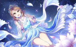 Rule 34 | 1girl, :d, absurdres, blue dress, blush, brown eyes, brown hair, commentary request, dress, dutch angle, flower, glass slipper, highres, hojo karen, idolmaster, idolmaster cinderella girls, nail polish, open mouth, petals, purple nails, short twintails, smile, solo, sparkle, tazu, tiara, twintails
