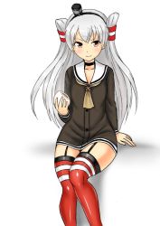 Rule 34 | 1girl, amatsukaze (kancolle), baozi, brown dress, commentary request, dress, food, garter straps, grey neckerchief, hair tubes, hat, kantai collection, kudou (ooabareteng), lifebuoy ornament, long hair, mini hat, neckerchief, red thighhighs, sailor dress, short dress, silver hair, simple background, sitting, smokestack hair ornament, solo, striped clothes, striped thighhighs, thighhighs, two side up, white background