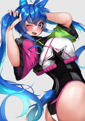 Rule 34 | 1girl, ;d, absurdres, animal ears, aqua hair, black one-piece swimsuit, blue eyes, blue hair, blush, commentary request, commission, dutch angle, from side, grey background, hands in hair, highres, horse ears, horse girl, horse tail, jacket, kshimu, long hair, long sleeves, looking at viewer, multicolored clothes, multicolored hair, multicolored jacket, one-piece swimsuit, one eye closed, open mouth, partial commentary, sharp teeth, short sleeves, simple background, skeb commission, smile, solo, standing, star (symbol), star print, swimsuit, tail, teeth, twin turbo (umamusume), twintails, two-tone hair, umamusume, very long hair
