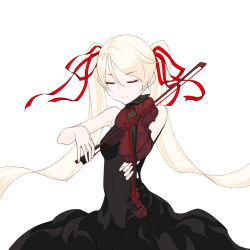 Rule 34 | 1girl, bare shoulders, blonde hair, breasts, closed eyes, dress, female focus, instrument, kazuoki, long hair, ribbon, simple background, smile, solo, twintails, violin