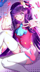 Rule 34 | 1girl, :d, absurdres, bare shoulders, cropped legs, detached sleeves, double v, dress, feet out of frame, frills, hair ornament, hair ribbon, highres, holding, hoshino ai (oshi no ko), idol, long hair, looking at viewer, norimori, one eye closed, open mouth, oshi no ko, pink dress, pink ribbon, purple eyes, purple hair, rabbit, rabbit hair ornament, ribbon, signature, sleeveless, sleeveless dress, smile, socks, solo, sparkle, star-shaped pupils, star (symbol), star hair ornament, star in eye, symbol-shaped pupils, symbol in eye, v, very long hair, white sleeves, white socks