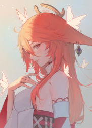 Rule 34 | 1girl, animal ears, bare shoulders, blue eyes, blush, breasts, bug, butterfly, closed mouth, detached sleeves, earrings, fox ears, genshin impact, grey background, hair between eyes, highres, insect, japanese clothes, jewelry, lips, long hair, lyrah, pink hair, signature, simple background, small breasts, solo, upper body, wide sleeves, yae miko