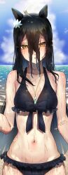 Rule 34 | 1girl, a4 (a4 eishi), absurdres, ahoge, animal ears, bare shoulders, bikini, black bikini, black hair, breasts, cloud, commentary, day, flower, frilled bikini, frills, hair between eyes, hair flower, hair ornament, highres, horizon, horse ears, jewelry, long hair, looking at viewer, manhattan cafe (the bubbles that i see with you) (umamusume), manhattan cafe (umamusume), multicolored hair, navel, necklace, ocean, open mouth, outdoors, small breasts, solo, sparkle, standing, streaked hair, swimsuit, umamusume, upper body, water, wet, wet hair, yellow eyes