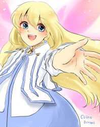 Rule 34 | 1girl, blonde hair, blue eyes, blush, capelet, character name, colette brunel, dress, highres, jewelry, long hair, open mouth, tales of (series), tales of symphonia, wings