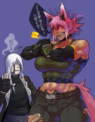 Rule 34 | 1boy, 1girl, abs, absurdres, ahoge, angry, bare shoulders, belt, breasts, dantera rina, elbow gloves, gloves, glowing, glowing eyes, highres, hutago, jacket, japanese text, large breasts, long hair, midriff, muscular, muscular female, navel, open mouth, pants, purple background, purple eyes, sharp teeth, shiny clothes, shiny skin, short hair, speech bubble, tail, teeth, torn clothes, torn legwear, translation request, veins, white hair