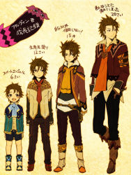 Rule 34 | 46maru, 4boys, age progression, alvin (tales), ascot, belt, boots, brown eyes, brown hair, child, coat, costume chart, creature, full body, hand in pocket, height difference, knee boots, male focus, messy hair, multiple boys, multiple persona, pants, shoes, shorts, size difference, smile, tales of (series), tales of xillia, teepo (tales)