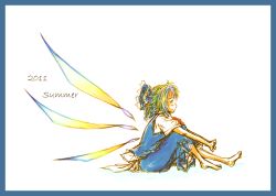 Rule 34 | 1girl, barefoot, blouse, border, cirno, daro, from side, shirt, sitting, sketch, solo, touhou, white shirt, wings